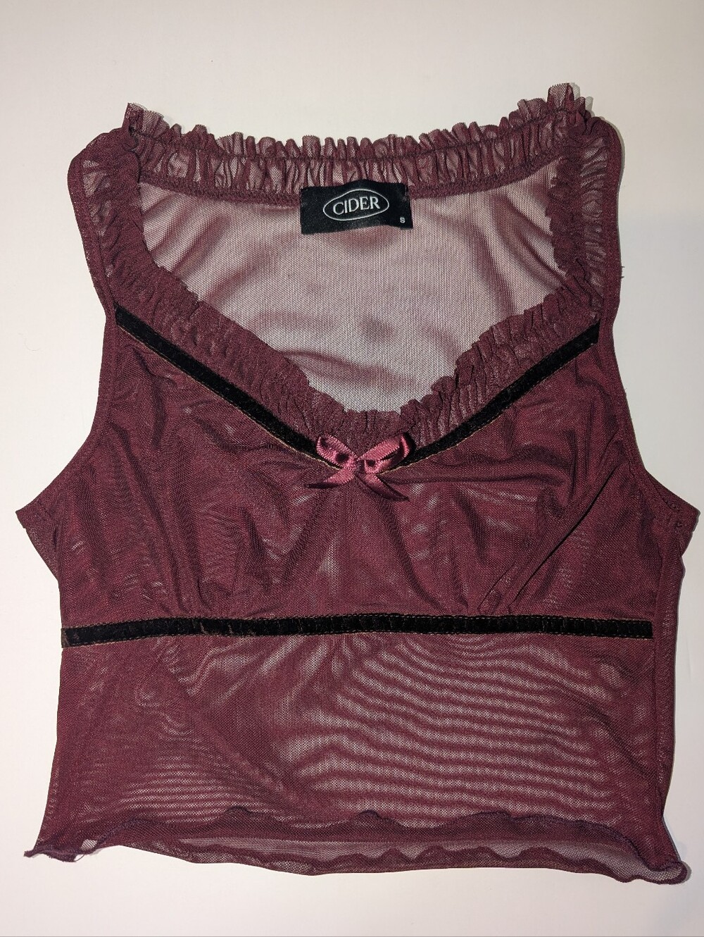 Cider burgundy mesh crop top with bow and black trim